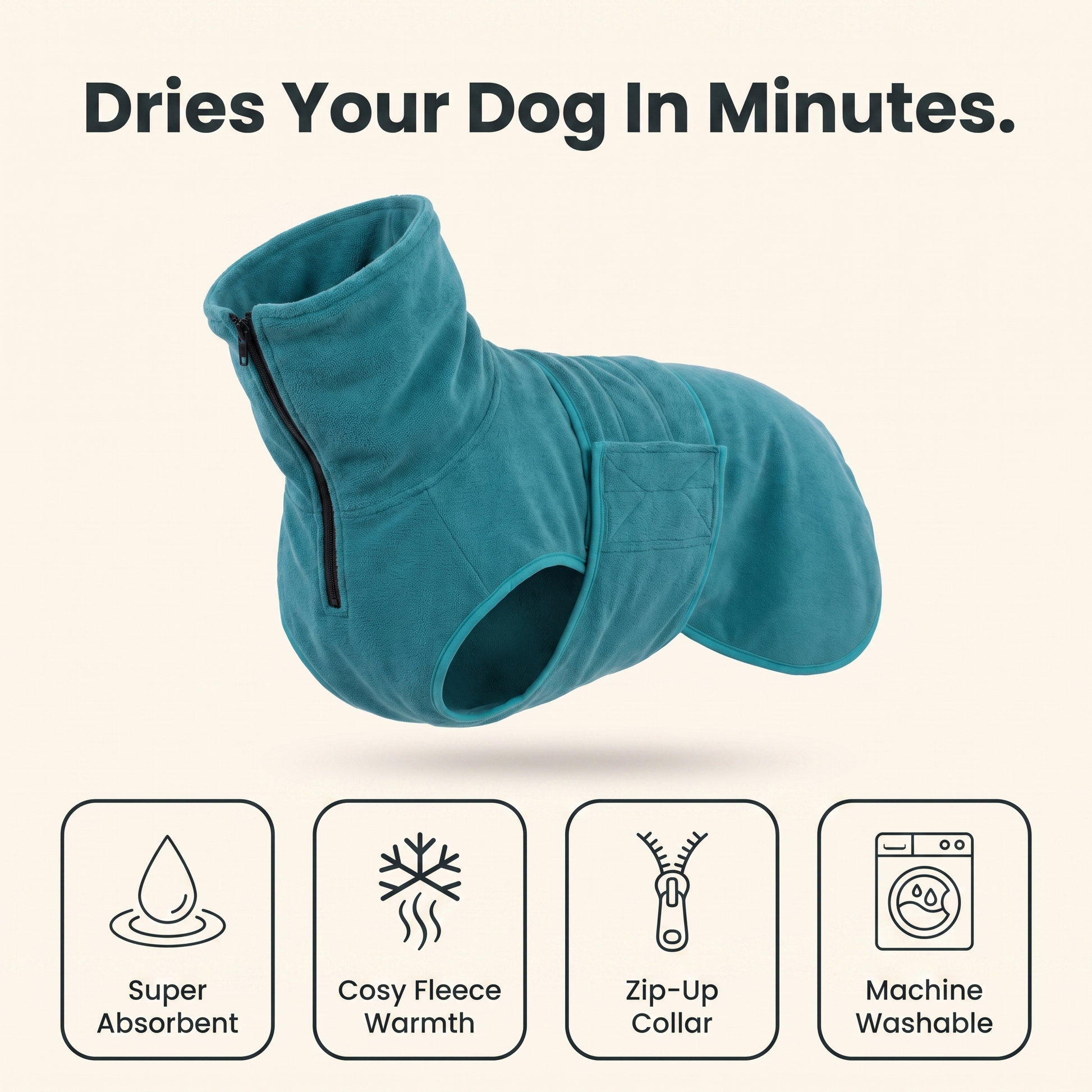 Teal dog drying coat infographic: super absorbent, cosy fleece warmth, zip-up collar, machine washable