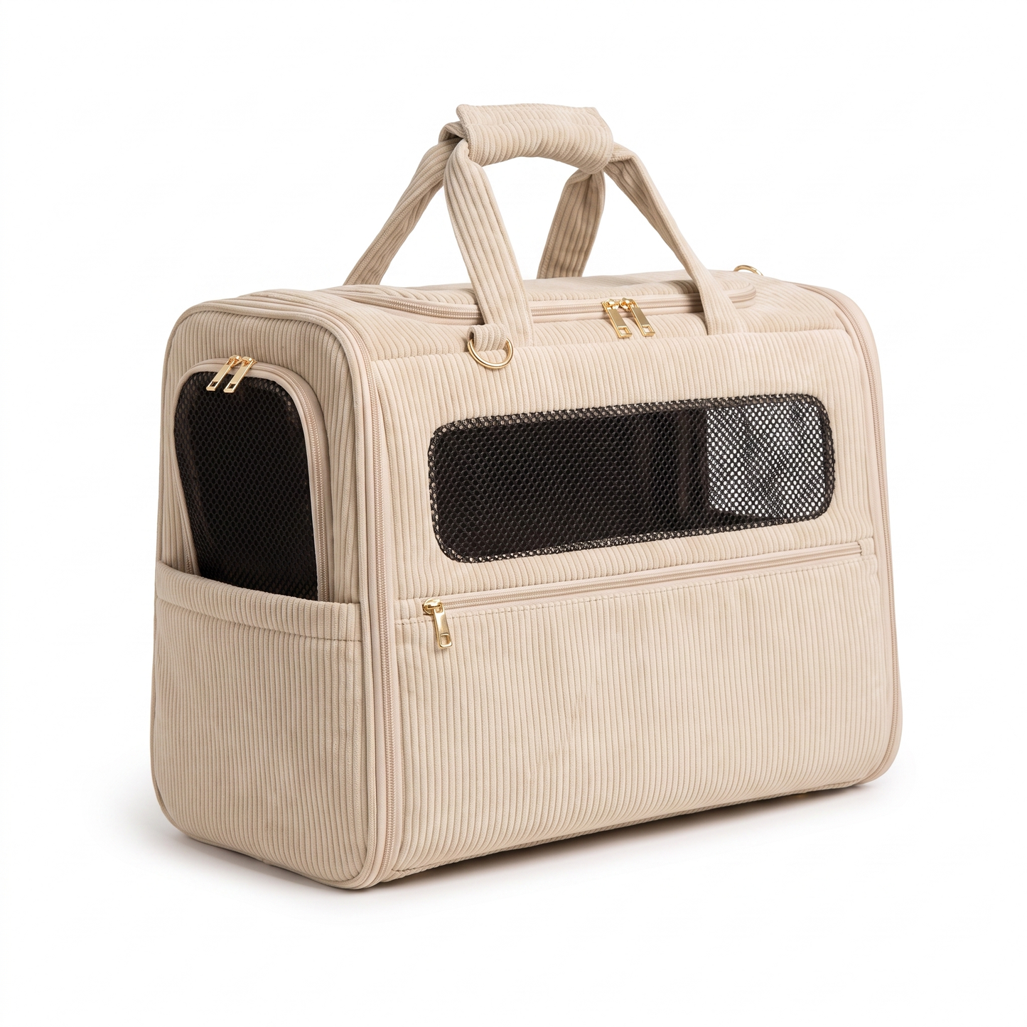 Beige corduroy soft dog carrier tote with mesh window on a white background