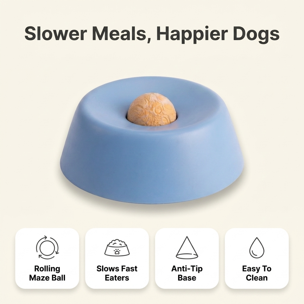 Slow feeder dog bowl infographic: rolling maze ball, slows fast eaters, anti-tip base, easy to clean