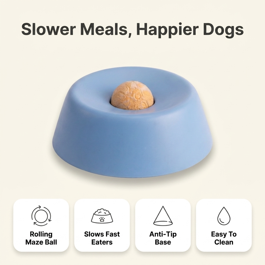 Slow feeder dog bowl infographic: rolling maze ball, slows fast eaters, anti-tip base, easy to clean
