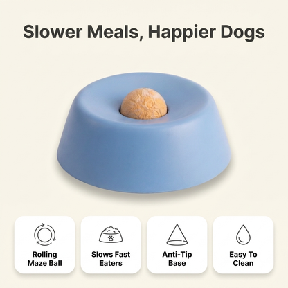 Slow feeder dog bowl infographic: rolling maze ball, slows fast eaters, anti-tip base, easy to clean