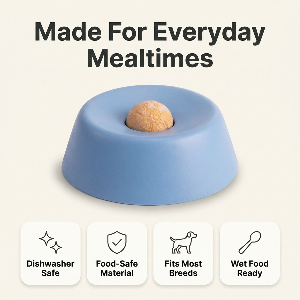 Slow feeder bowl infographic: dishwasher safe, food-safe material, fits most breeds, wet food ready