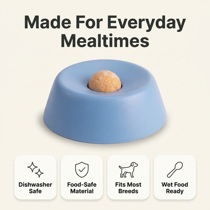 Slow feeder bowl infographic: dishwasher safe, food-safe material, fits most breeds, wet food ready