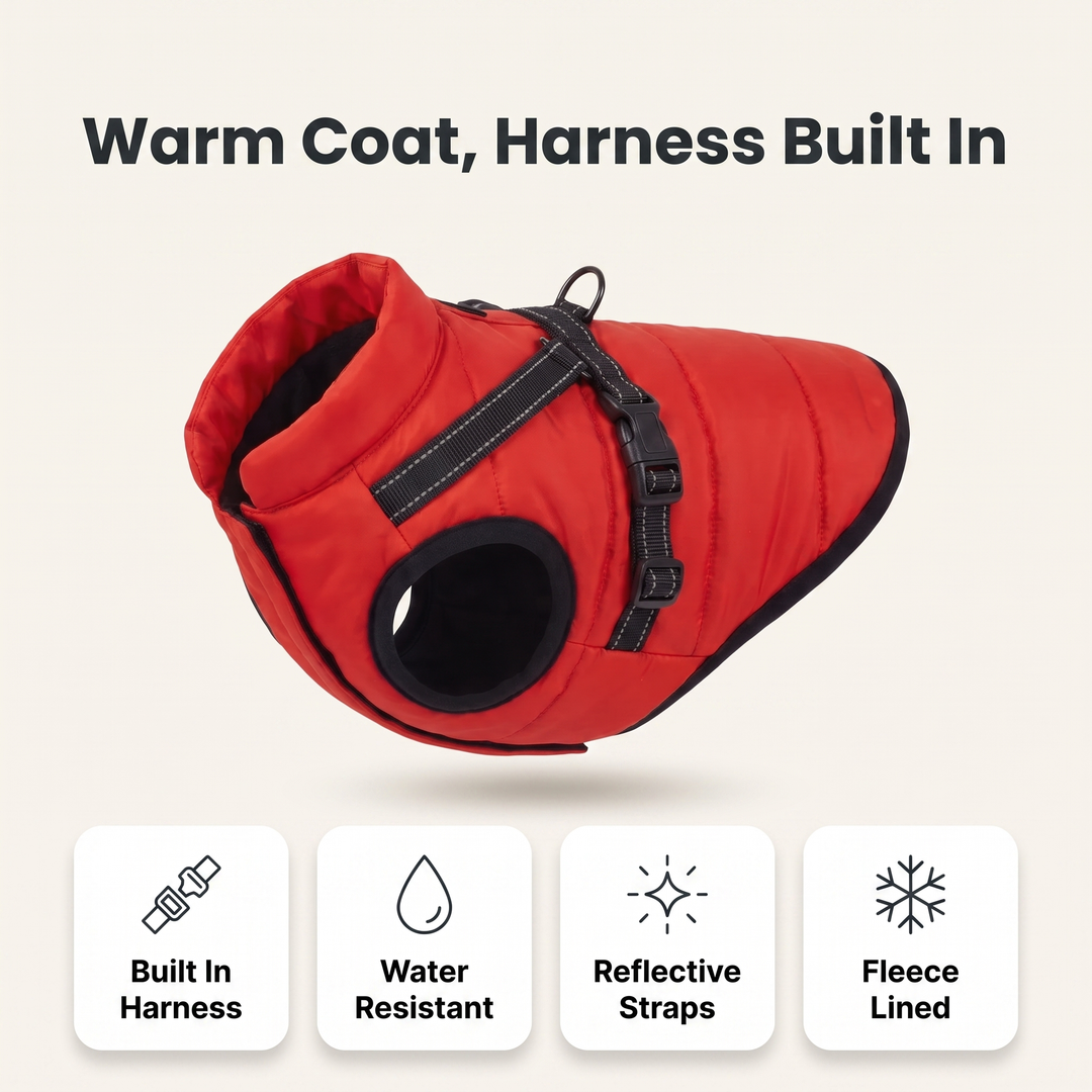 Dog coat with built in harness feature overview: built in harness, water resistant, reflective straps, fleece lined