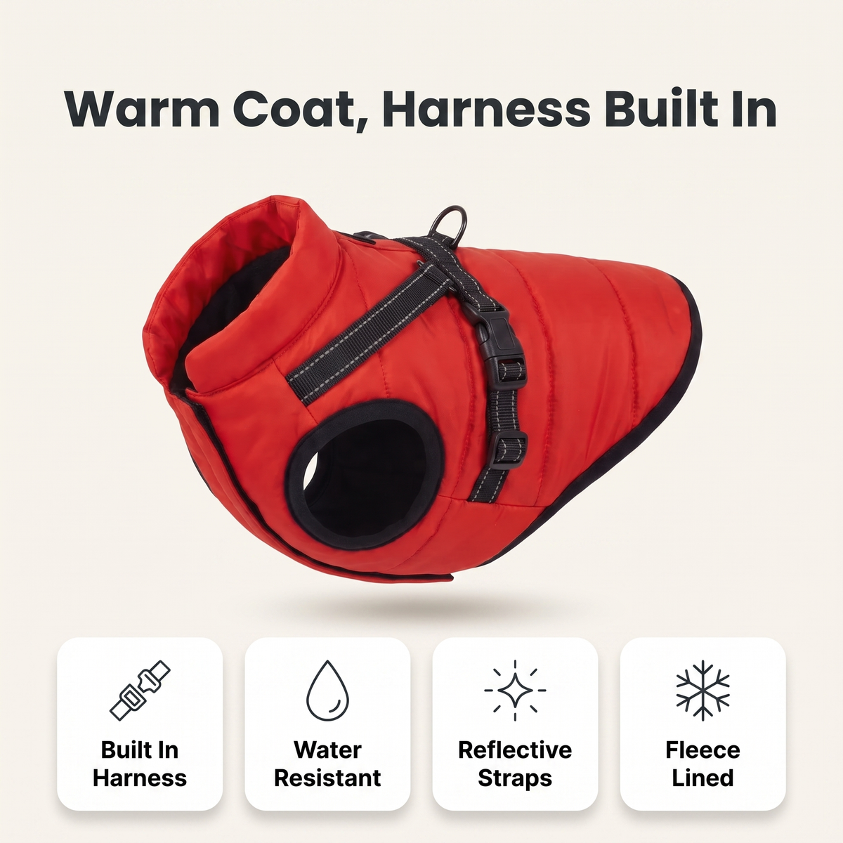 Dog coat with built in harness feature overview: built in harness, water resistant, reflective straps, fleece lined