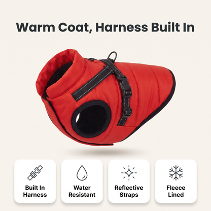 Dog coat with built in harness feature overview: built in harness, water resistant, reflective straps, fleece lined