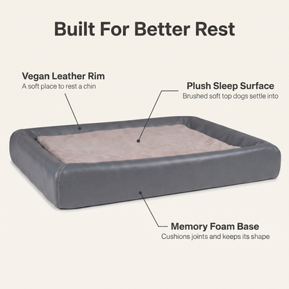 Orthopedic dog bed explained: vegan leather rim, plush sleep surface, memory foam base