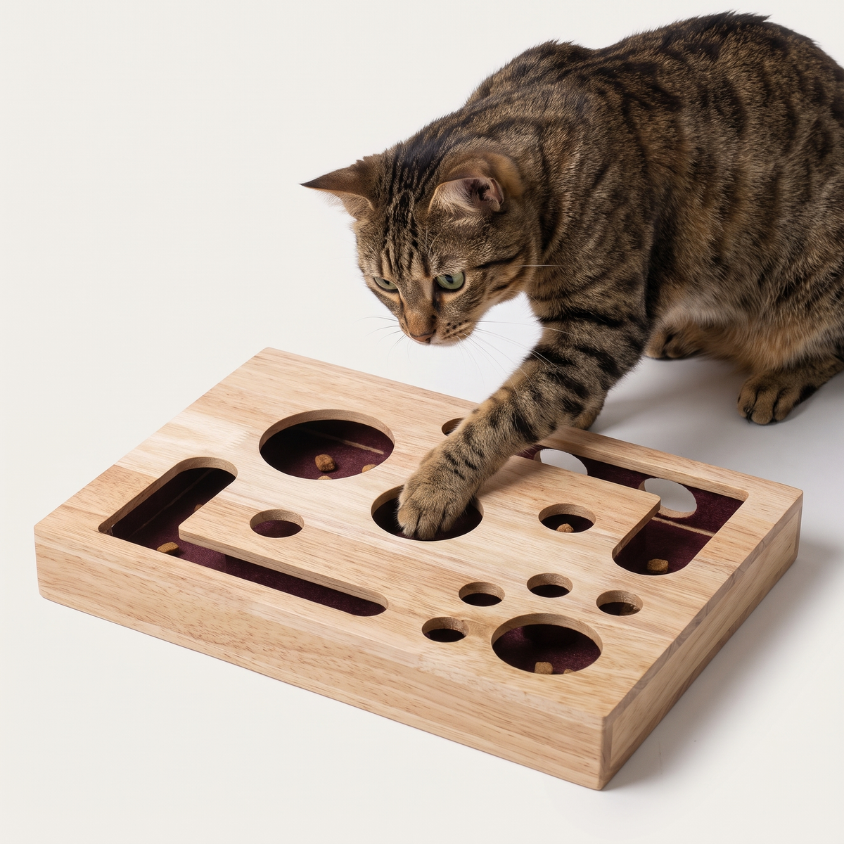 Tabby cat playing with wooden cat scratcher puzzle box, paw reaching into a felt lined treat hole