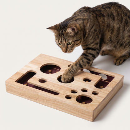 Tabby cat playing with wooden cat scratcher puzzle box, paw reaching into a felt lined treat hole