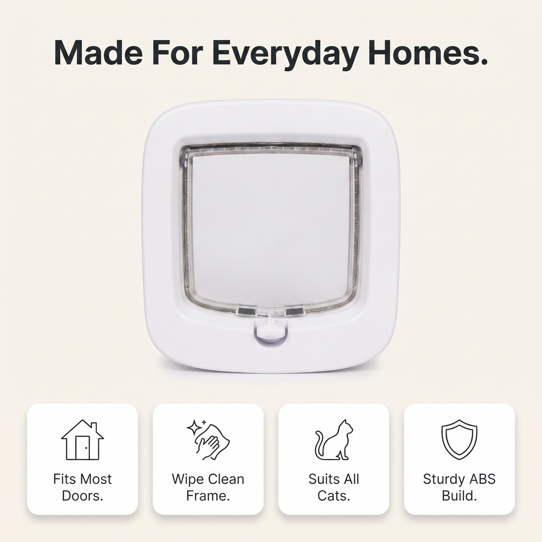Cat flap benefits: fits most doors, wipe clean frame, suits all cats, sturdy ABS build