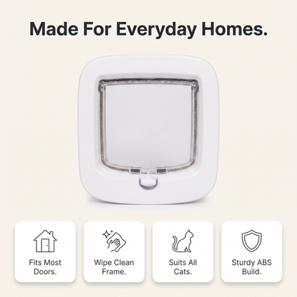 Cat flap benefits: fits most doors, wipe clean frame, suits all cats, sturdy ABS build