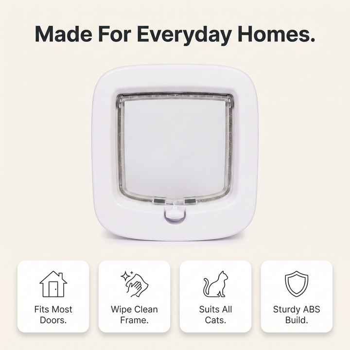 Cat flap benefits: fits most doors, wipe clean frame, suits all cats, sturdy ABS build
