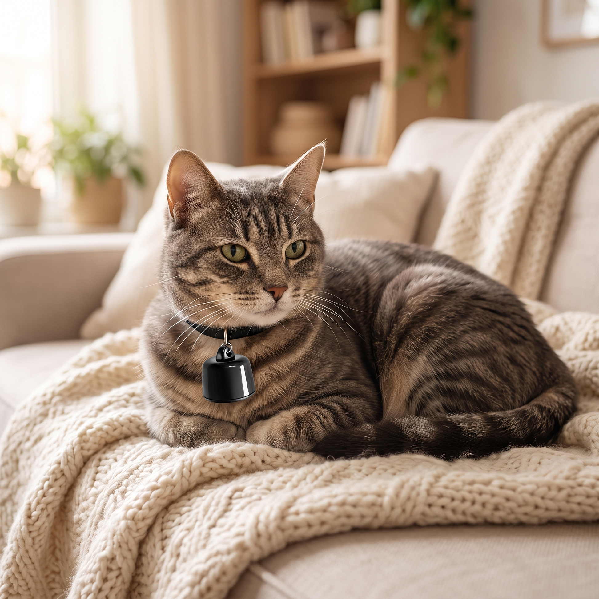 Tabby cat relaxing at home wearing the mini pet tracker on its collar