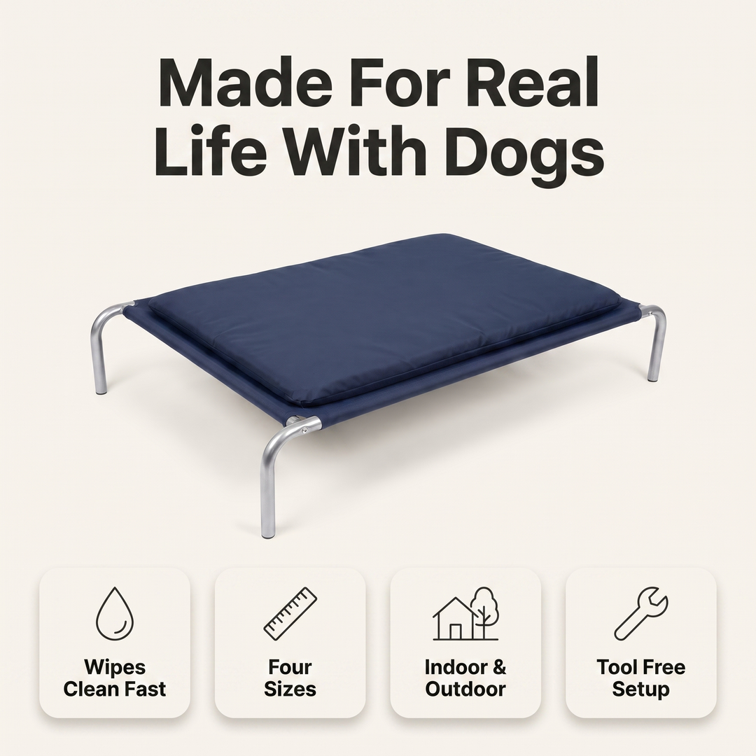 Raised dog bed everyday benefits: wipes clean fast, four sizes, indoor and outdoor, tool free setup