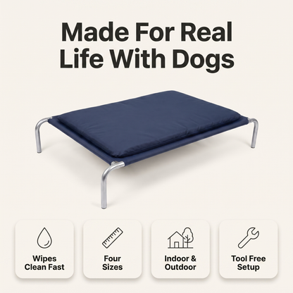 Raised dog bed everyday benefits: wipes clean fast, four sizes, indoor and outdoor, tool free setup