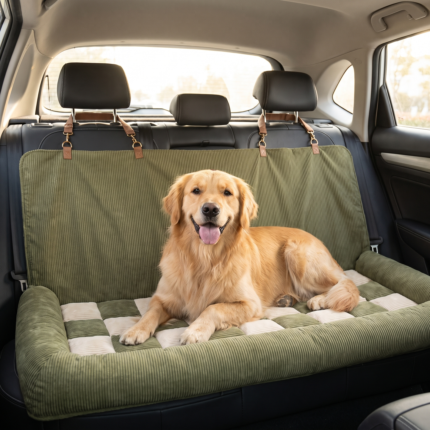 Large dog relaxing on the back seat dog car bed installed across a rear car bench