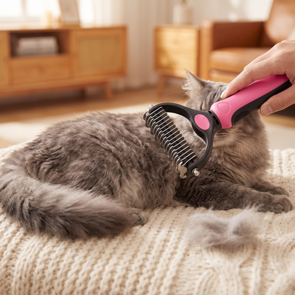 Long haired cat being brushed at home with the 2 in 1 undercoat rake