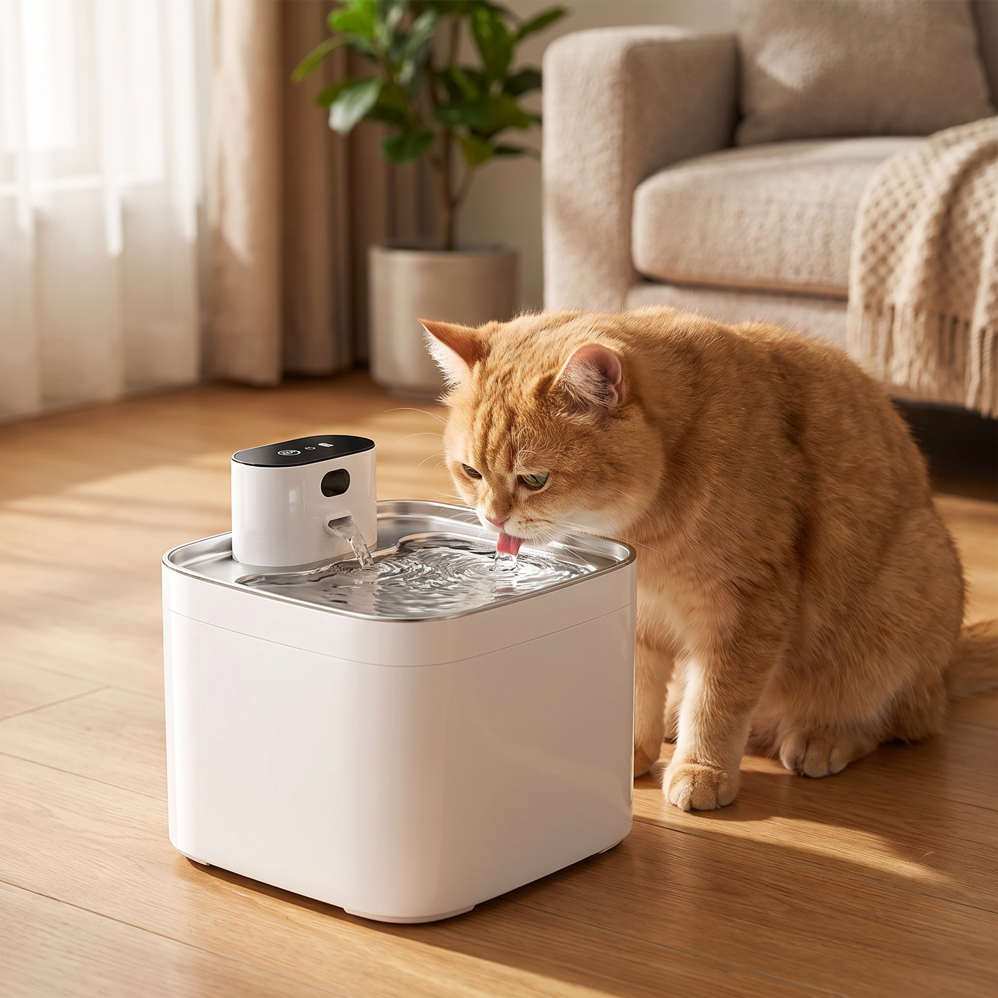 Ginger cat drinking from pumpless cordless pet water fountain at home