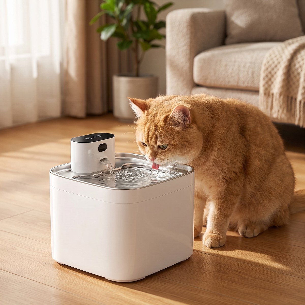 Ginger cat drinking from pumpless cordless pet water fountain at home