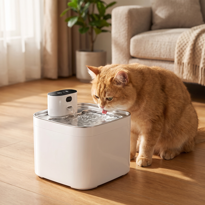 Ginger cat drinking from pumpless cordless pet water fountain at home