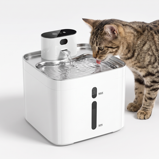 Tabby cat drinking from cordless stainless steel cat water fountain