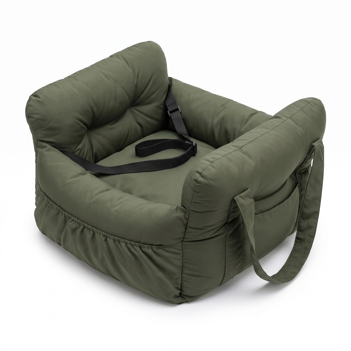 Olive green quilted dog booster car seat bed with carry handles and safety tether