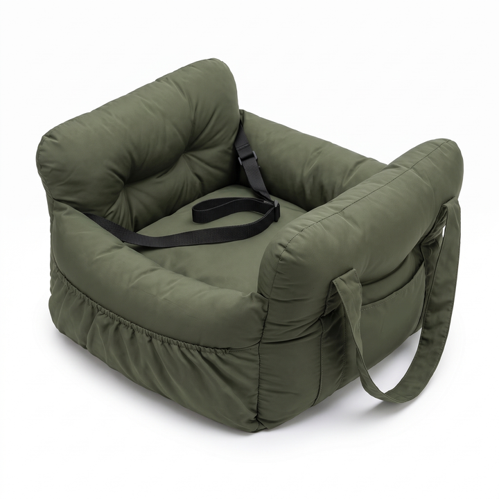 Olive green quilted dog booster car seat bed with carry handles and safety tether