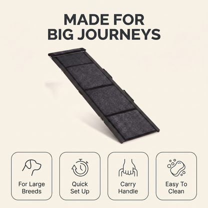 Folding dog ramp care and suitability overview: easy to clean, large breeds, quick set up, carry handle