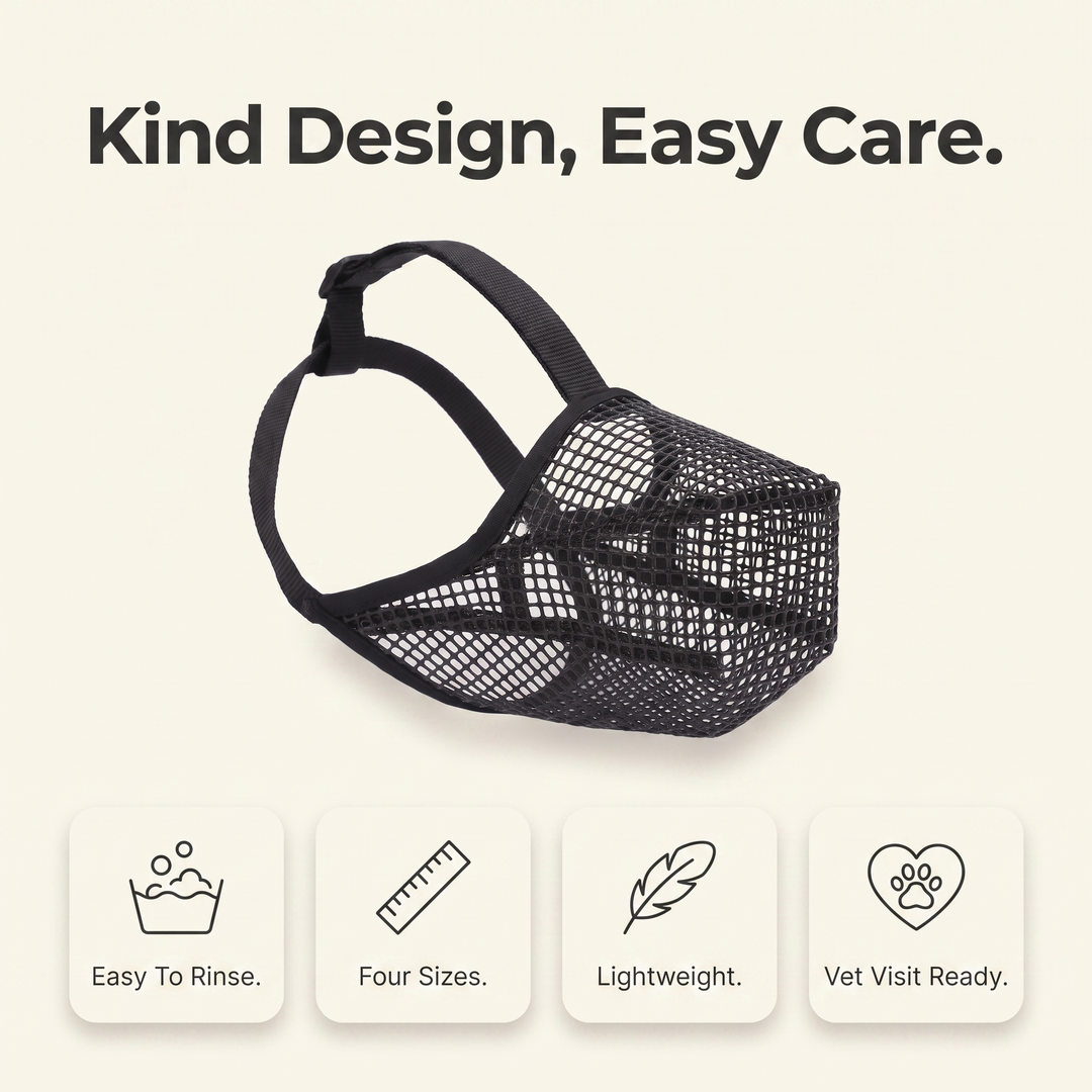 Soft mesh dog muzzle care and sizing overview: easy to rinse, four sizes, lightweight, vet visit ready