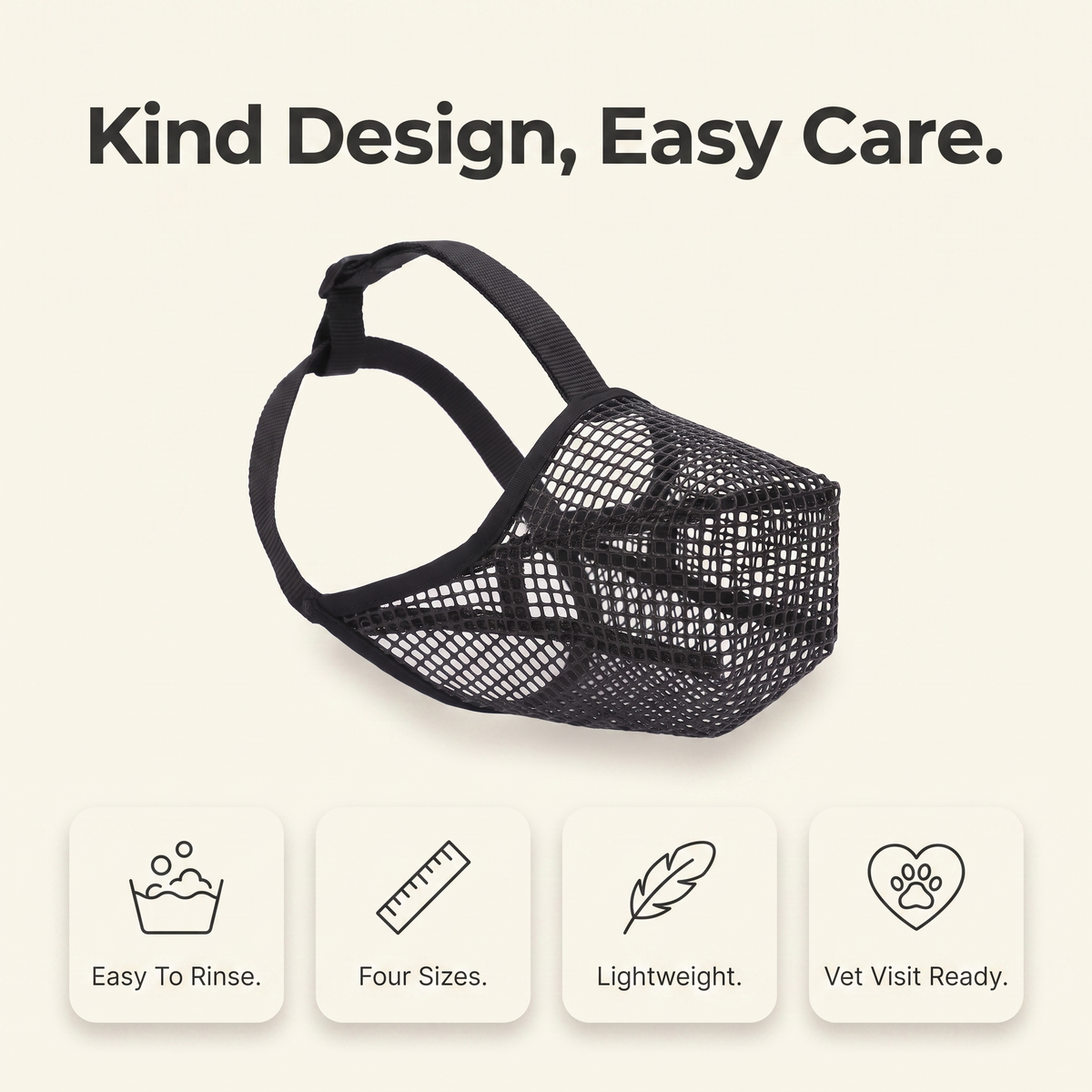 Soft mesh dog muzzle care and sizing overview: easy to rinse, four sizes, lightweight, vet visit ready
