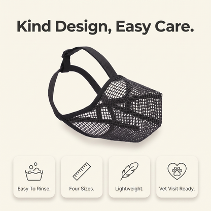 Soft mesh dog muzzle care and sizing overview: easy to rinse, four sizes, lightweight, vet visit ready
