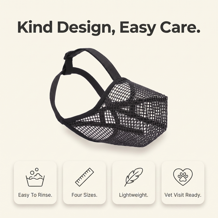 Soft mesh dog muzzle care and sizing overview: easy to rinse, four sizes, lightweight, vet visit ready