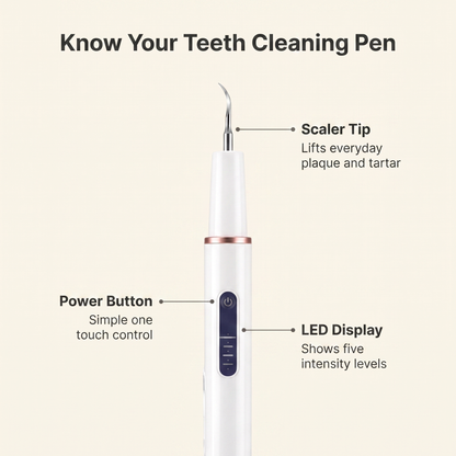 Diagram of the ultrasonic dog teeth cleaning pen showing scaler tip, LED display and power button