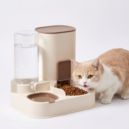 Happy cat eating from the 2 in 1 automatic gravity pet feeder and water dispenser station