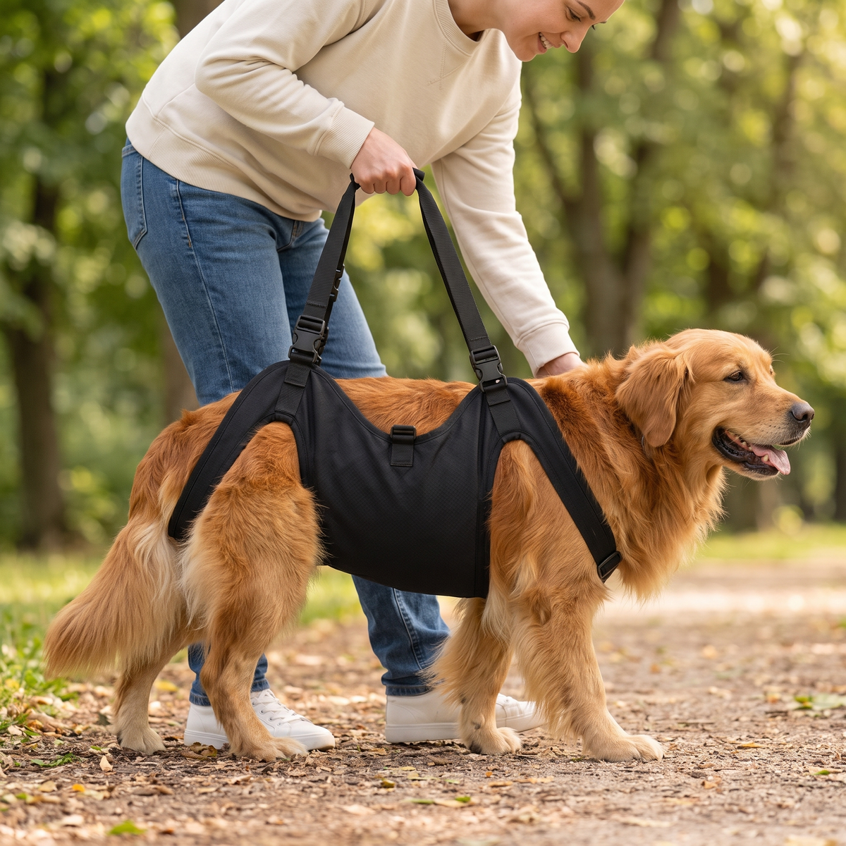 Owner steadying a golden retriever on a walk using the full body support dog harness