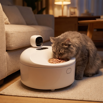 Grey cat enjoying an evening meal of wet food from the automatic pet feeder at home