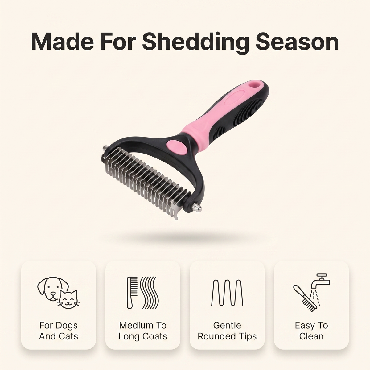 Deshedding brush suitability overview: for dogs and cats, medium to long coats, gentle rounded tips, easy to clean