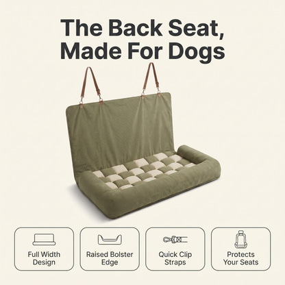 Back seat dog car bed feature overview: full width design, raised bolster edge, quick clip straps, protects your seats