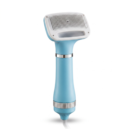 Blue 2 in 1 dog hair dryer with slicker brush attachment on white background