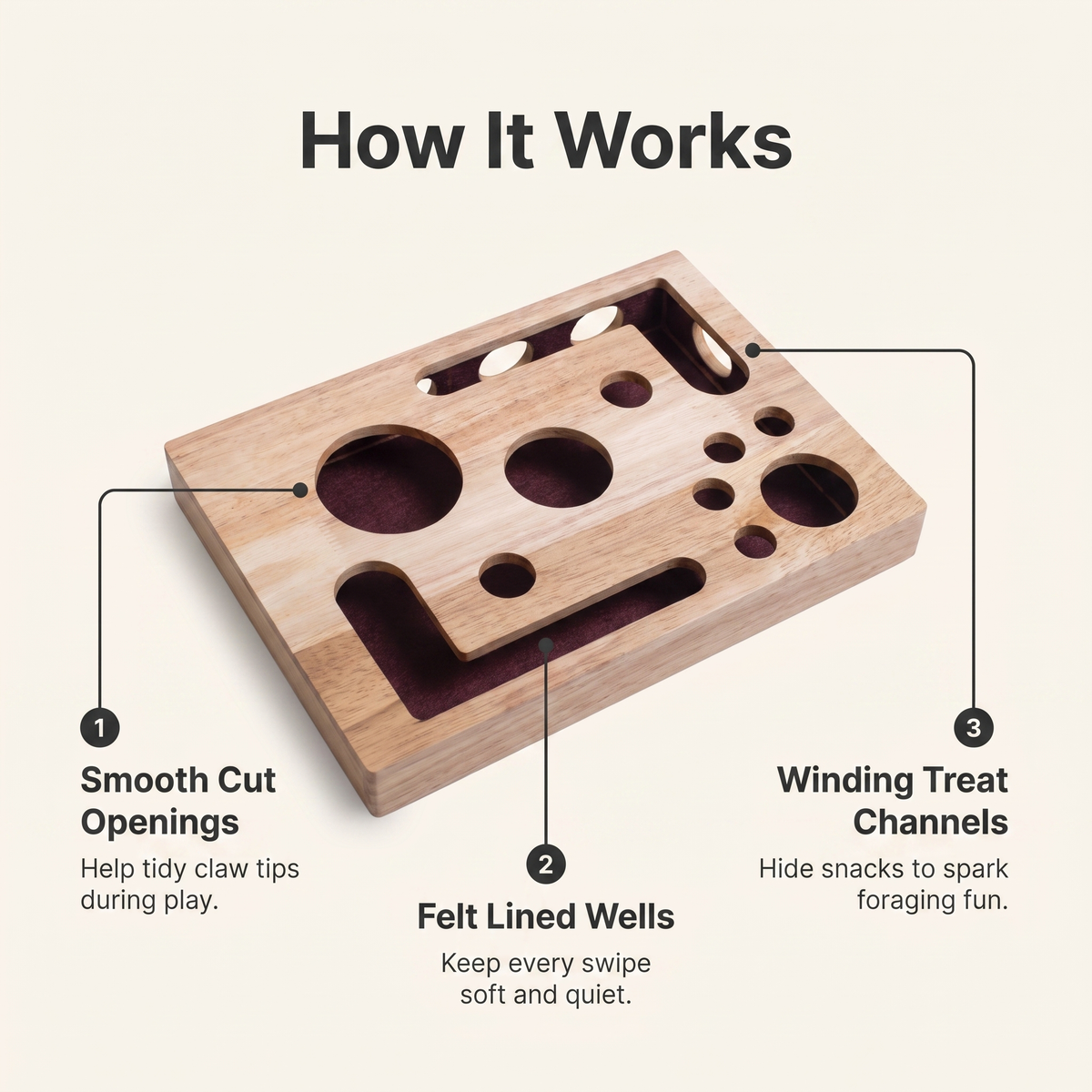 Annotated diagram of the wooden cat enrichment box showing smooth cut openings, felt lined wells and winding treat channels