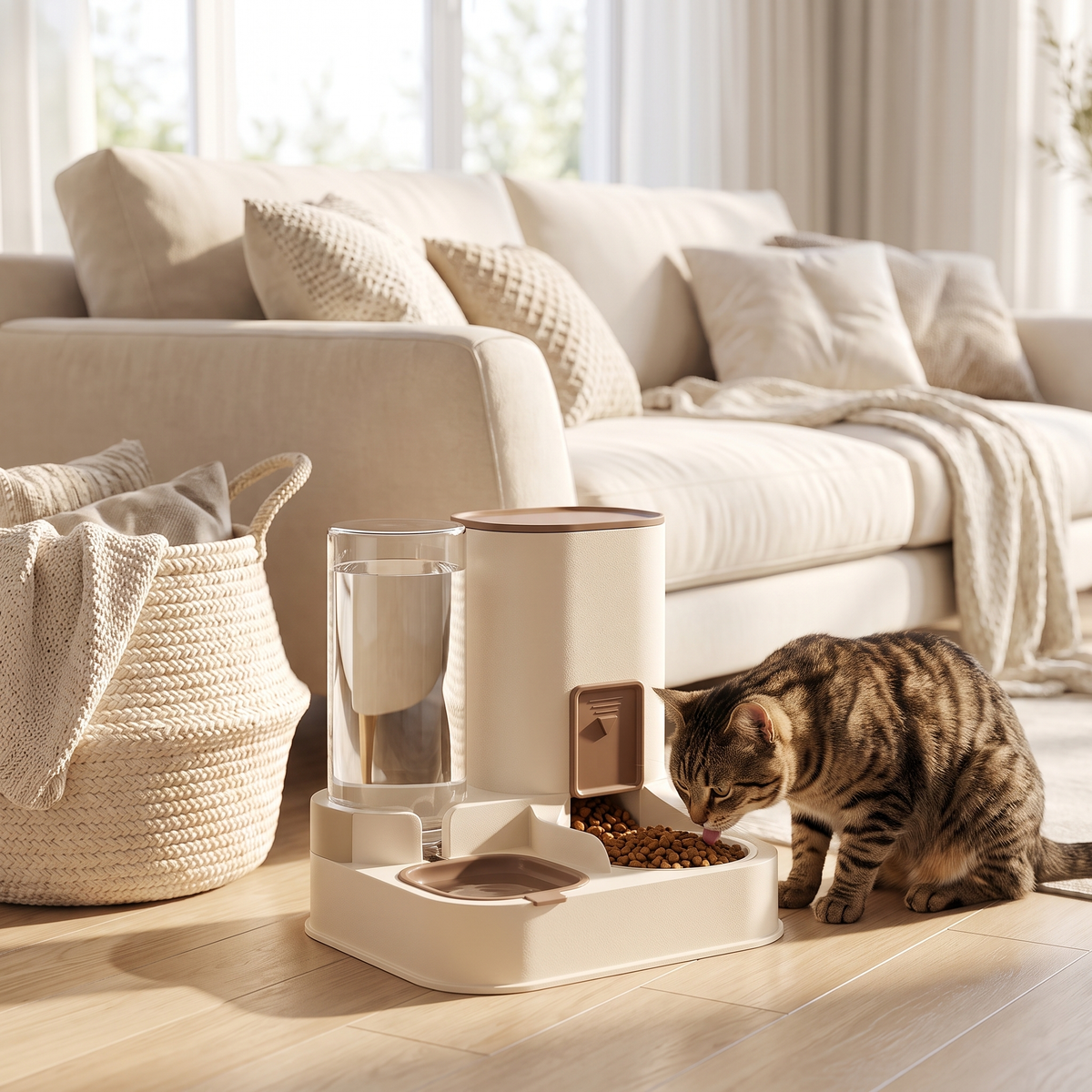 Tabby cat eating at the 2 in 1 gravity feeder and water station in a bright living room