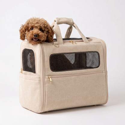 Small dog sitting inside a beige corduroy dog carrier tote with mesh window