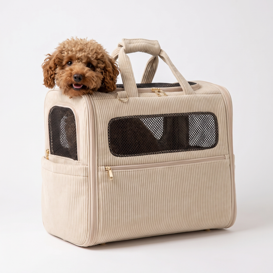 Small dog sitting inside a beige corduroy dog carrier tote with mesh window