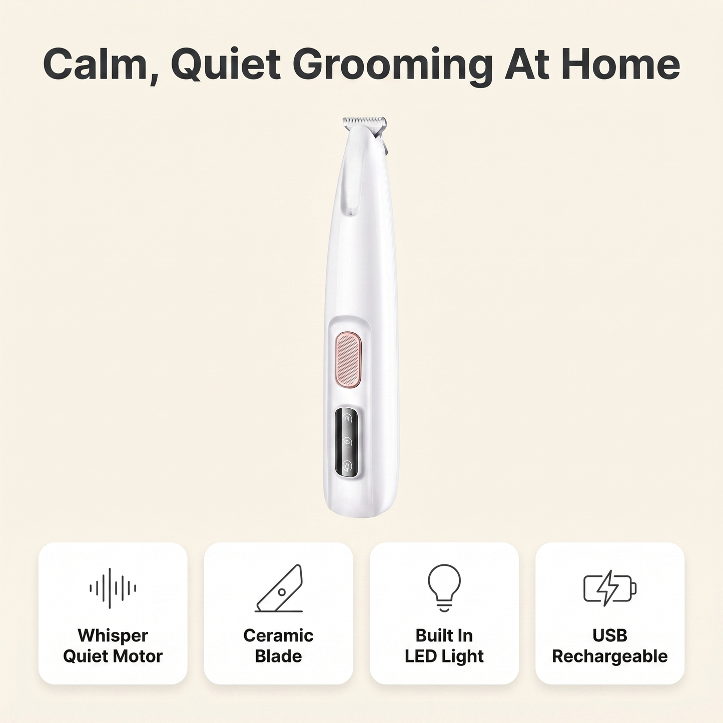 Infographic of the quiet pet trimmer showing whisper quiet motor, ceramic blade, built in LED light and USB rechargeable features