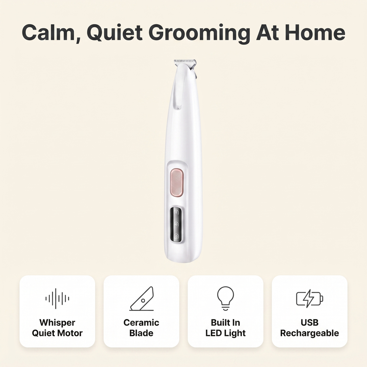 Infographic of the quiet pet trimmer showing whisper quiet motor, ceramic blade, built in LED light and USB rechargeable features