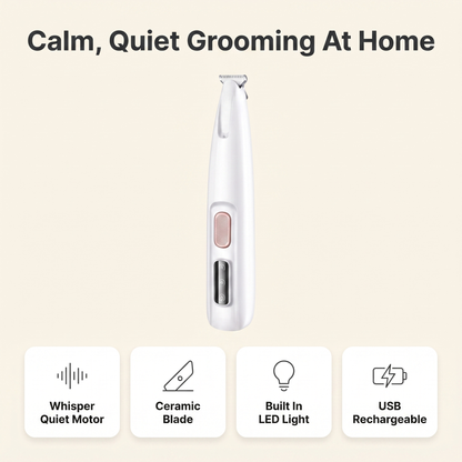 Infographic of the quiet pet trimmer showing whisper quiet motor, ceramic blade, built in LED light and USB rechargeable features