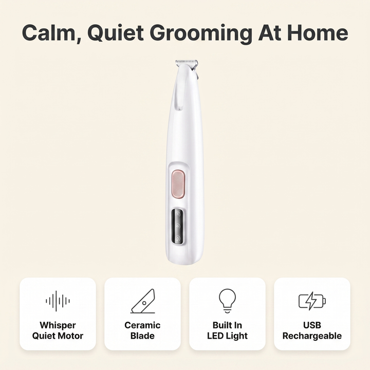 Infographic of the quiet pet trimmer showing whisper quiet motor, ceramic blade, built in LED light and USB rechargeable features