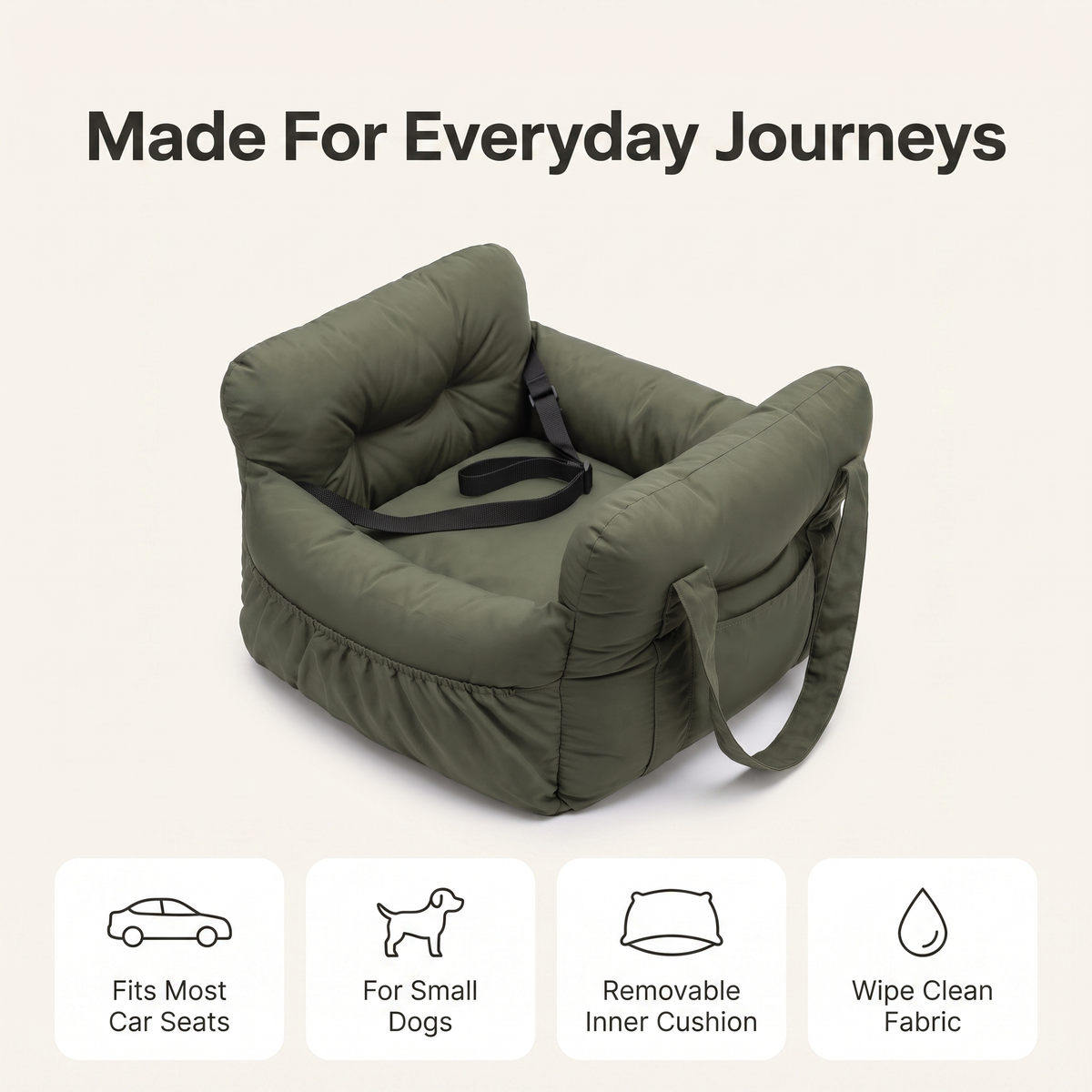 Dog booster seat details: fits most car seats, for small dogs, removable inner cushion, wipe clean fabric