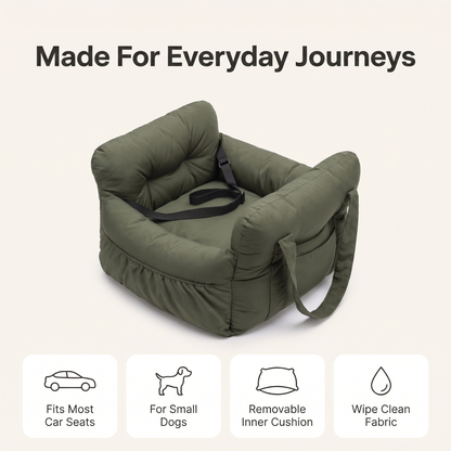 Dog booster seat details: fits most car seats, for small dogs, removable inner cushion, wipe clean fabric