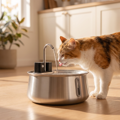 Cat drinking flowing water from stainless steel pet fountain on a kitchen floor